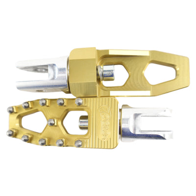 A pair of TC Bros. Pro Series Gold MX Lite Rider Foot Pegs for 2018-newer Harley Softail & Pan America on a white background.