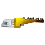 Three TC Bros. Pro Series MX Lite Foot Pegs for Harley Davidson models, featuring metallic spiked surfaces, are arranged side by side in silver, black, and gold.