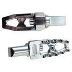 Three TC Bros. Pro Series MX Lite Foot Pegs for Harley Davidson models, featuring metallic spiked surfaces, are arranged side by side in silver, black, and gold.