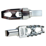 Three TC Bros. Pro Series MX Lite Foot Pegs for Harley Davidson models, featuring metallic spiked surfaces, are arranged side by side in silver, black, and gold.