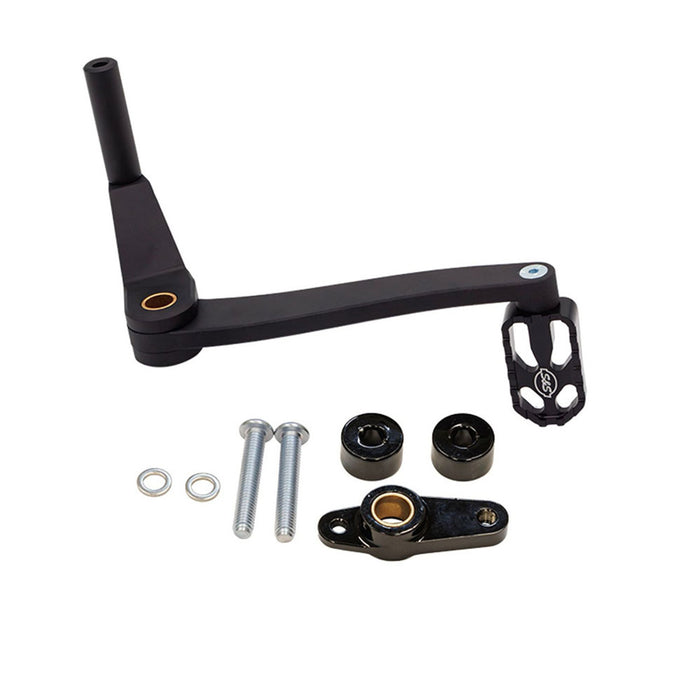 A black Mid Mount Brake Pedal for M8 Softail® Models, including bolts, washers, and additional components laid out separately, reminiscent of the precise craftsmanship seen in S&S Cycle products.