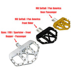 Three TC Bros. Pro Series MX Mini Floorboards for Harley Davidson motorcycles, in silver, black, and gold, are lined up. They resemble bicycle pedals with flat platforms and metal pins for grip.