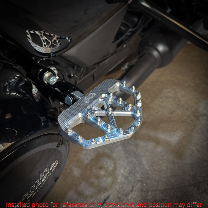 Three TC Bros. Pro Series MX Mini Floorboards for 1977-2022 Harley-Davidson in silver, black, and gold are shown on a white background, each featuring flat metal platforms with grip pins for adjustable foot peg mounting.