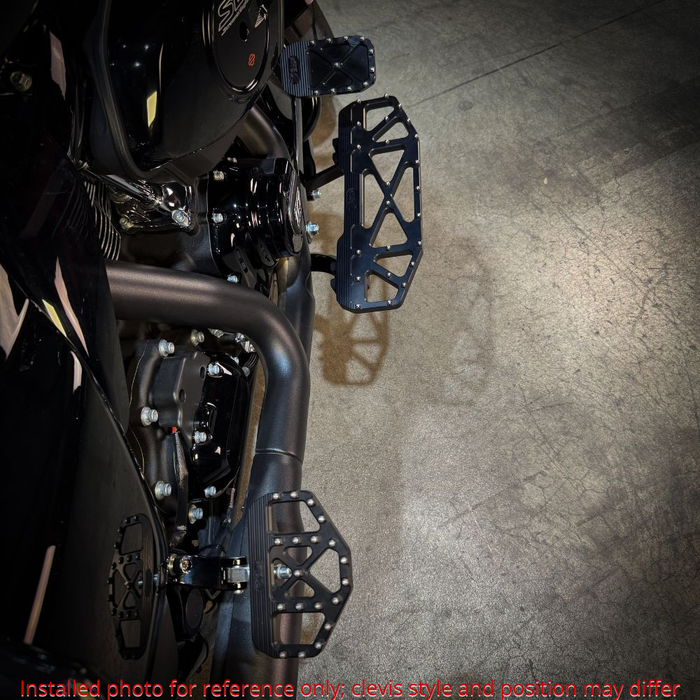 Three TC Bros. Pro Series MX Mini Floorboards for 1977-2022 Harley-Davidson in silver, black, and gold are shown on a white background, each featuring flat metal platforms with grip pins for adjustable foot peg mounting.