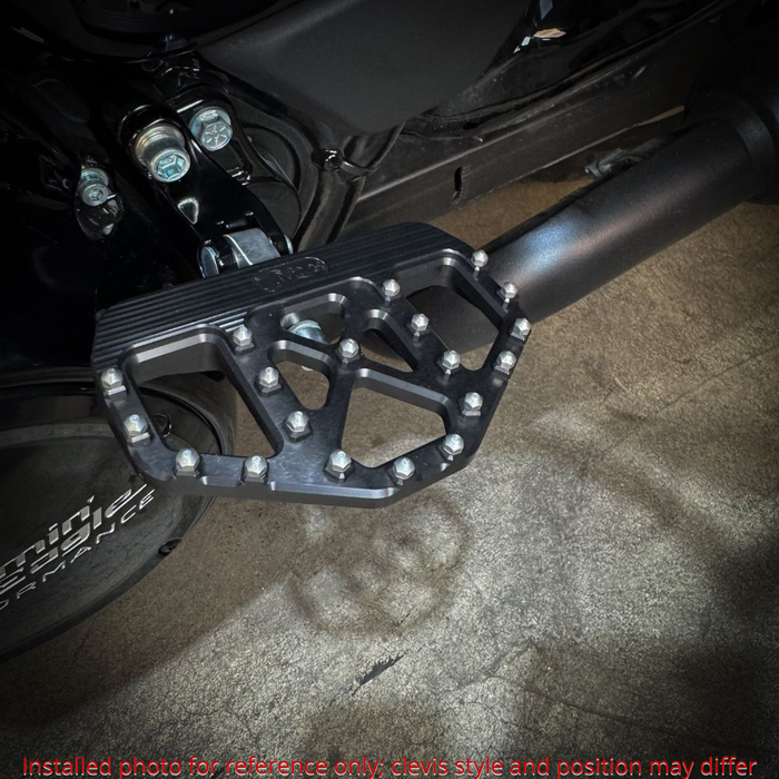 Three TC Bros. Pro Series MX Mini Floorboards for 1977-2022 Harley-Davidson in silver, black, and gold are shown on a white background, each featuring flat metal platforms with grip pins for adjustable foot peg mounting.