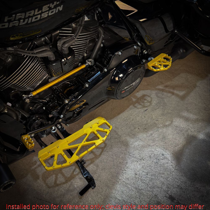 Three TC Bros. Pro Series MX Mini Floorboards for 1977-2022 Harley-Davidson in silver, black, and gold are shown on a white background, each featuring flat metal platforms with grip pins for adjustable foot peg mounting.