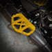 A pair of TC Bros. Pro Series Gold MX Passenger Mini Floorboards for 2018-newer Harley Softail & Pan America, with grip studs, isolated on a white background.
