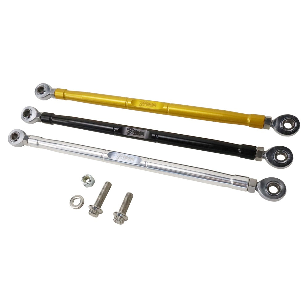 The TC Bros. Forward Controls Shifter Linkage for Touring & Softail Models features three billet aluminum adjustable tie rods available in gold, black, and silver, complete with two bolts and nuts. They&