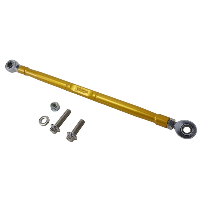 The TC Bros. Forward Controls Shifter Linkage for Touring & Softail Models features three billet aluminum adjustable tie rods available in gold, black, and silver, complete with two bolts and nuts. They&