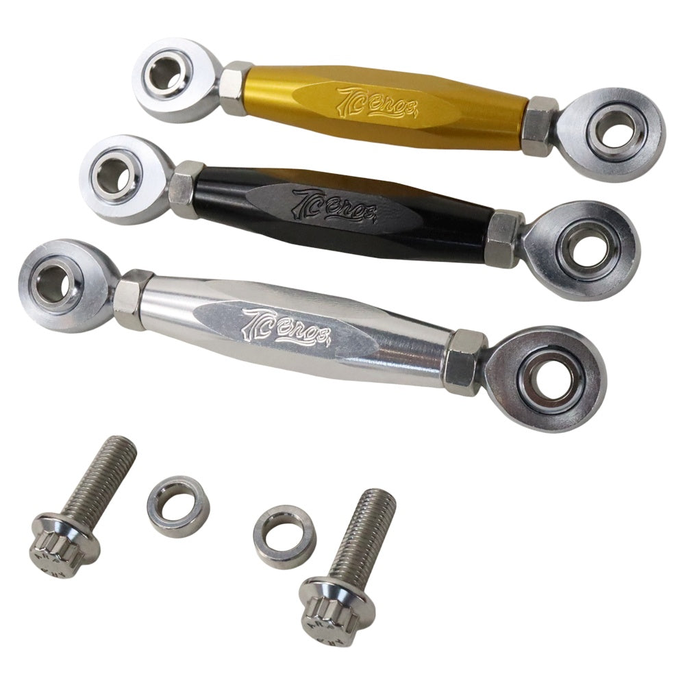 The TC Bros. M8 Softail Adjustable Brake Linkage for Mid Controls includes three rod end bearings in gold, black, and silver, specifically designed for Harley Davidson M8 Softail mid controls. Accompanied by two bolts and nuts, the set is displayed on a white background.