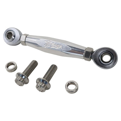 The TC Bros. M8 Softail Adjustable Brake Linkage for Mid Controls includes three rod end bearings in gold, black, and silver, specifically designed for Harley Davidson M8 Softail mid controls. Accompanied by two bolts and nuts, the set is displayed on a white background.