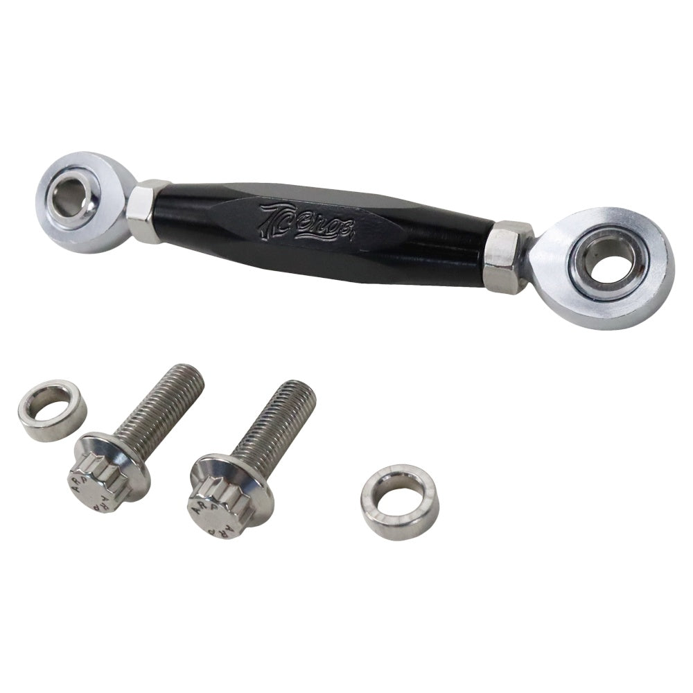 The TC Bros. M8 Softail Adjustable Brake Linkage for Mid Controls includes three rod end bearings in gold, black, and silver, specifically designed for Harley Davidson M8 Softail mid controls. Accompanied by two bolts and nuts, the set is displayed on a white background.