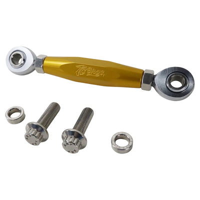 The TC Bros. M8 Softail Adjustable Brake Linkage for Mid Controls includes three rod end bearings in gold, black, and silver, specifically designed for Harley Davidson M8 Softail mid controls. Accompanied by two bolts and nuts, the set is displayed on a white background.