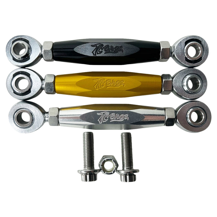 Three TC Bros. Harley Dyna Adjustable Shifter Linkages for Mid Controls in black, gold, and silver, arranged horizontally with two bolts and a nut displayed below them. Perfect for enhancing your Harley Davidson Dyna&