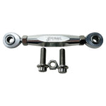 TC Bros. Pro Series Adjustable Shifter Linkage for 1999-2017 Harley-Davidson Dyna features black, gold, and silver turnbuckles with engraved logos, plus two bolts and a nut—ideal for those seeking precise shifter adjustment.
