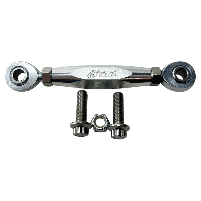 Three TC Bros. Harley Dyna Adjustable Shifter Linkages for Mid Controls in black, gold, and silver, arranged horizontally with two bolts and a nut displayed below them. Perfect for enhancing your Harley Davidson Dyna&