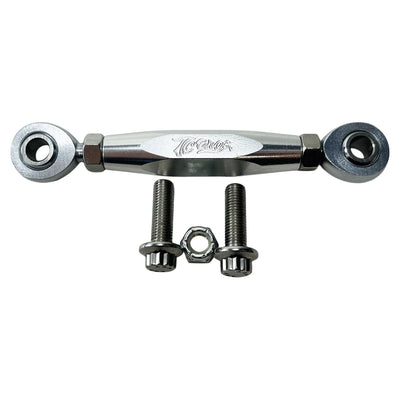 Three TC Bros. Harley Dyna Adjustable Shifter Linkages for Mid Controls in black, gold, and silver, arranged horizontally with two bolts and a nut displayed below them. Perfect for enhancing your Harley Davidson Dyna's mid controls with the precision of adjustable shift linkage from TC Bros.