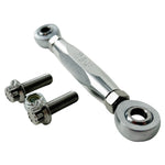 TC Bros. Pro Series Adjustable Shifter Linkage for 1999-2017 Harley-Davidson Dyna features black, gold, and silver turnbuckles with engraved logos, plus two bolts and a nut—ideal for those seeking precise shifter adjustment.