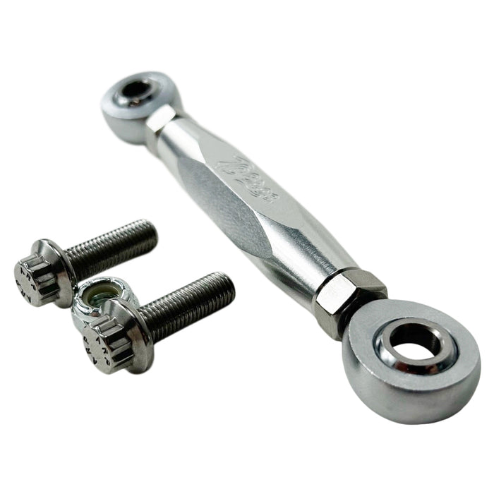 Three TC Bros. Harley Dyna Adjustable Shifter Linkages for Mid Controls in black, gold, and silver, arranged horizontally with two bolts and a nut displayed below them. Perfect for enhancing your Harley Davidson Dyna&