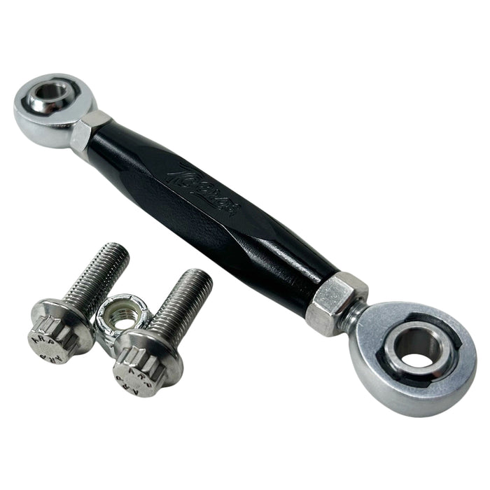 Three TC Bros. Harley Dyna Adjustable Shifter Linkages for Mid Controls in black, gold, and silver, arranged horizontally with two bolts and a nut displayed below them. Perfect for enhancing your Harley Davidson Dyna&