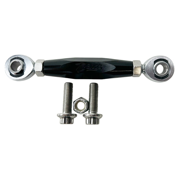 Three TC Bros. Harley Dyna Adjustable Shifter Linkages for Mid Controls in black, gold, and silver, arranged horizontally with two bolts and a nut displayed below them. Perfect for enhancing your Harley Davidson Dyna&