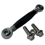 TC Bros. Pro Series Adjustable Shifter Linkage for 1999-2017 Harley-Davidson Dyna features black, gold, and silver turnbuckles with engraved logos, plus two bolts and a nut—ideal for those seeking precise shifter adjustment.