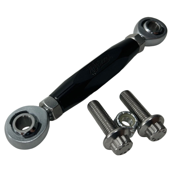 Three TC Bros. Harley Dyna Adjustable Shifter Linkages for Mid Controls in black, gold, and silver, arranged horizontally with two bolts and a nut displayed below them. Perfect for enhancing your Harley Davidson Dyna&