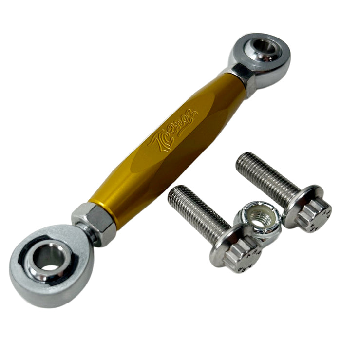 Three TC Bros. Harley Dyna Adjustable Shifter Linkages for Mid Controls in black, gold, and silver, arranged horizontally with two bolts and a nut displayed below them. Perfect for enhancing your Harley Davidson Dyna&