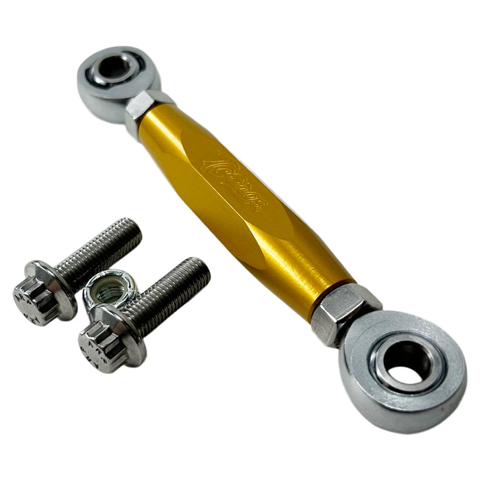 Three TC Bros. Harley Dyna Adjustable Shifter Linkages for Mid Controls in black, gold, and silver, arranged horizontally with two bolts and a nut displayed below them. Perfect for enhancing your Harley Davidson Dyna&