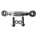 The TC Bros. FXR & M8 Softail Adjustable Shifter Linkage for Mid Controls showcases three adjustable turnbuckle rod ends in black, gold, and silver, arranged vertically. Crafted from CNC machined aluminum, these precision parts are ideal for Harley Davidson shifter linkage applications. Two bolts and two nuts are neatly placed below the rod ends, completing the arrangement.