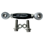 The TC Bros. Pro Series Adjustable Shift Linkage for 1991-Up Harley-Davidson Dyna, FXR, and Softail includes three metal links in black, gold, and silver with engraved branding—ideal for customizing shift linkage or use with TC Bros. mid controls.