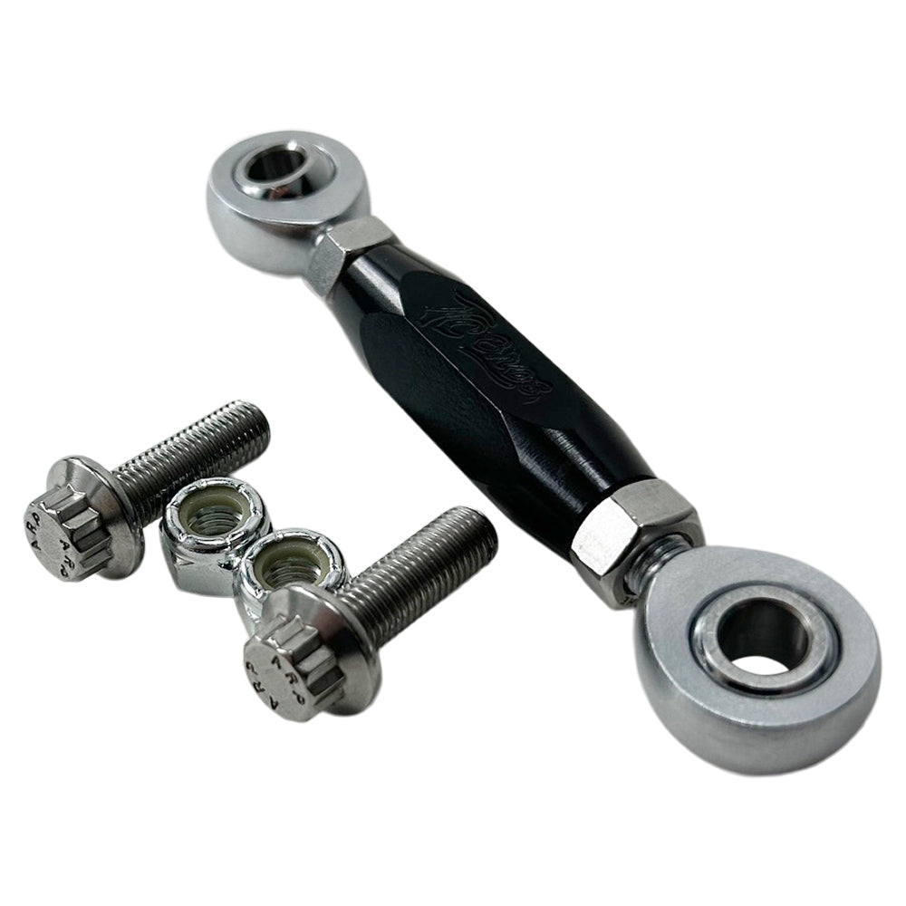 The TC Bros. FXR & M8 Softail Adjustable Shifter Linkage for Mid Controls showcases three adjustable turnbuckle rod ends in black, gold, and silver, arranged vertically. Crafted from CNC machined aluminum, these precision parts are ideal for Harley Davidson shifter linkage applications. Two bolts and two nuts are neatly placed below the rod ends, completing the arrangement.