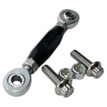 The TC Bros. Pro Series Adjustable Shift Linkage for 1991-Up Harley-Davidson Dyna, FXR, and Softail includes three metal links in black, gold, and silver with engraved branding—ideal for customizing shift linkage or use with TC Bros. mid controls.