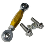 The TC Bros. Pro Series Adjustable Shift Linkage for 1991-Up Harley-Davidson Dyna, FXR, and Softail includes three metal links in black, gold, and silver with engraved branding—ideal for customizing shift linkage or use with TC Bros. mid controls.