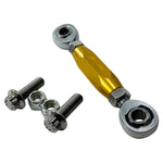 The TC Bros. Pro Series Adjustable Shift Linkage for 1991-Up Harley-Davidson Dyna, FXR, and Softail includes three metal links in black, gold, and silver with engraved branding—ideal for customizing shift linkage or use with TC Bros. mid controls.