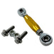 The TC Bros. FXR & M8 Softail Adjustable Shifter Linkage for Mid Controls showcases three adjustable turnbuckle rod ends in black, gold, and silver, arranged vertically. Crafted from CNC machined aluminum, these precision parts are ideal for Harley Davidson shifter linkage applications. Two bolts and two nuts are neatly placed below the rod ends, completing the arrangement.