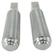 Two stainless steel TC Bros. Nomad Passenger Foot Pegs fits 2018-up Harley Softail M8 & Pan America, one upright and one lying on its side, showcasing their textured grip surfaces and mounting holes—perfect for adding a touch of rugged functionality.