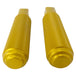 Two gold-tone metal cylindrical objects with textured grips, featuring a hole through their flat end pieces, arranged in a straight line. Crafted from CNC machined aluminum, these resemble TC Bros Nomad Passenger Foot Pegs fits 2018-up Harley Softail M8 & Pan America - Gold.