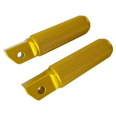 Two TC Bros. Nomad Passenger Foot Pegs fits 2018-up Harley Softail M8 & Pan America - Gold, with a textured finish and holes for attachment, resembling Harley Softail foot pegs, positioned parallel to each other.