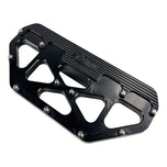 Three TC Bros. Pro Series MX Passenger Floorboards in black, silver, and gold are displayed on a white background, highlighting their design and color variations—perfect for Harley Davidson Bagger Touring enthusiasts seeking style and functionality.
