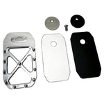 Three TC Bros. Pro Series MX Brake Pedal Pads for 1984-Up Harley-Davidson Touring in silver, black, and gold, each with a bolt-studded X-pattern—ideal for upgrading your Harley Bagger brake pedal pad.