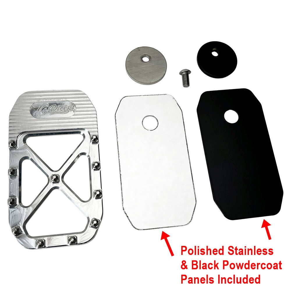 Three metallic foot pedals—silver, black, and gold—with textured grips and bolts are lined up side by side, capturing the sleek TC Bros. Pro Series MX Brake Pedal Pad design for Harley Davidson Bagger Touring Models.