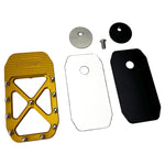 Three TC Bros. Pro Series MX Brake Pedal Pads for 1984-Up Harley-Davidson Touring in silver, black, and gold, each with a bolt-studded X-pattern—ideal for upgrading your Harley Bagger brake pedal pad.