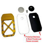 Three TC Bros. Pro Series MX Brake Pedal Pads for 1984-Up Harley-Davidson Touring in silver, black, and gold, each with a bolt-studded X-pattern—ideal for upgrading your Harley Bagger brake pedal pad.