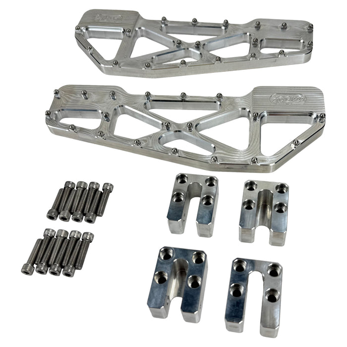 TC Bros. Pro Series MX Slim Floorboards for Harley Davidson Bagger Touring Models feature a skeletal design with metal pins, resembling high-performance pedals in silver, black, and gold. Arranged diagonally, they offer a striking visual appeal.