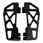 TC Bros. Pro Series MX Slim Floorboards for Harley Davidson Bagger Touring Models feature a skeletal design with metal pins, resembling high-performance pedals in silver, black, and gold. Arranged diagonally, they offer a striking visual appeal.