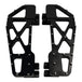 TC Bros. Pro Series MX Slim Floorboards for Harley Davidson Bagger Touring Models feature a skeletal design with metal pins, resembling high-performance pedals in silver, black, and gold. Arranged diagonally, they offer a striking visual appeal.
