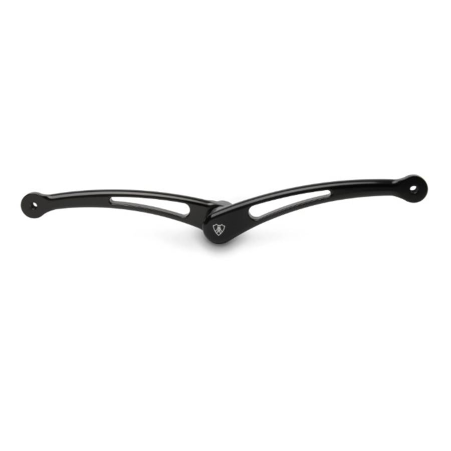 Arlen Ness Heel-Toe Shifter in black, designed for '84-'24 Harley Touring & '00-'24 Softail models, boasts a black metal bracket with two arms featuring cut-out designs and is connected at a central pivot point.