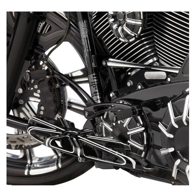 Arlen Ness Heel-Toe Shifter in black, designed for '84-'24 Harley Touring & '00-'24 Softail models, boasts a black metal bracket with two arms featuring cut-out designs and is connected at a central pivot point.