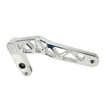 Two TC Bros. Pro Series Truss Brake Pedals, crafted from billet aluminum—one in silver and the other in black—feature geometric cutout designs inspired by a truss brake arm and secure hex bolt attachments, arranged diagonally on a white background; designed specifically for 1999-2017 Harley-Davidson Dyna models.
